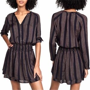 Rails Jasmine Mini Dress Midas Stripe Metallic Smocked Button Front Black Gold L